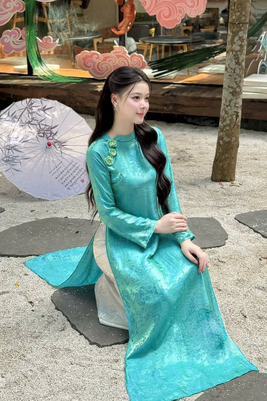 TA13 Áo only no pants - Áo dài dáng suông tằm ánh kim tencel Vân Thư xanh