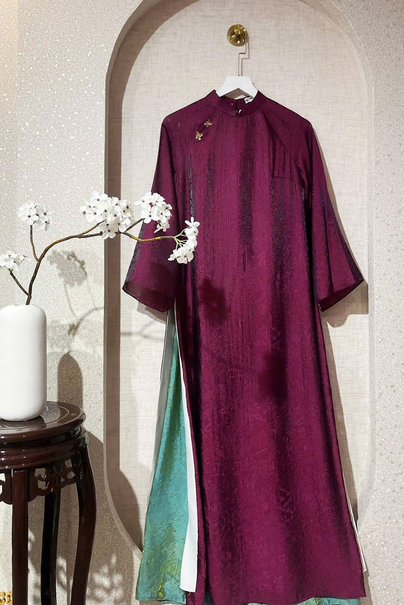 M270 1957 Áo + quần tằm xanh - Áo dài dáng suông tằm ánh kim tencel 4 tà màu tím cẩm