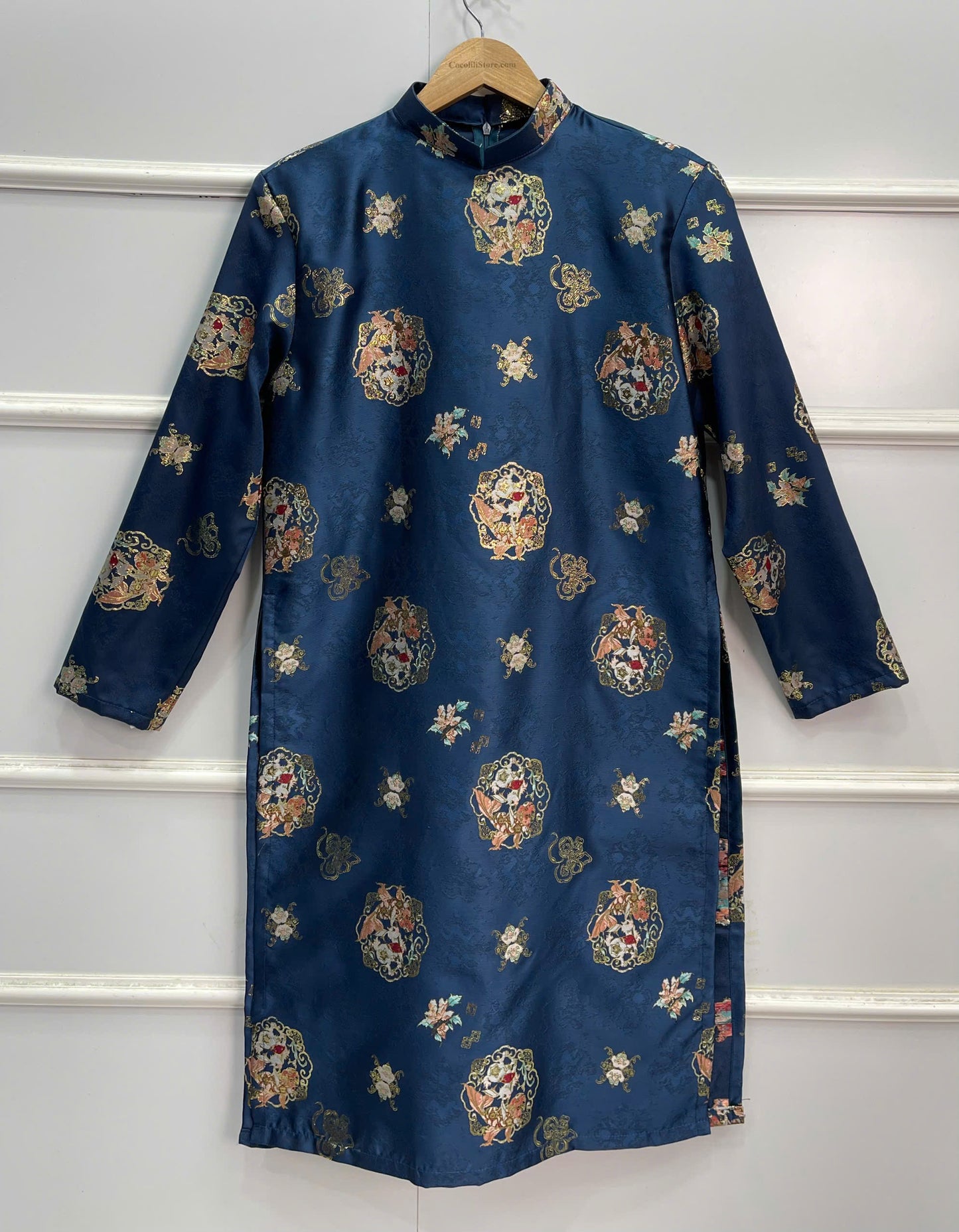 B115 1738 Áo only - Áo dài bố gấm xanh dương