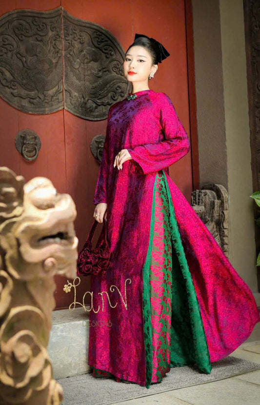 HD08 1743 Áo + quần - Áo dài lụa Hà Đông 4 tà + quần ánh xanh