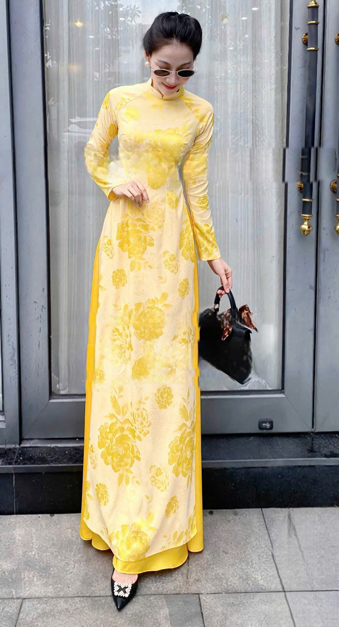 H363 1644 Áo only - Áo dài lụa gấm dáng truyền thống màu vàng tươi