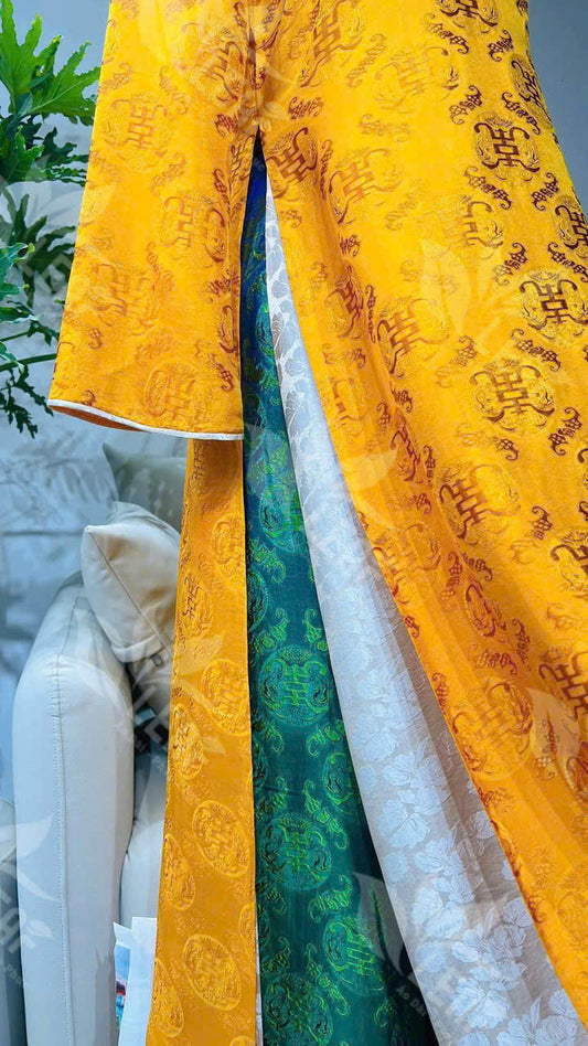 HD10 1710 Áo + quần - Áo dài lụa Hà Đông màu vàng + quần xanh lá