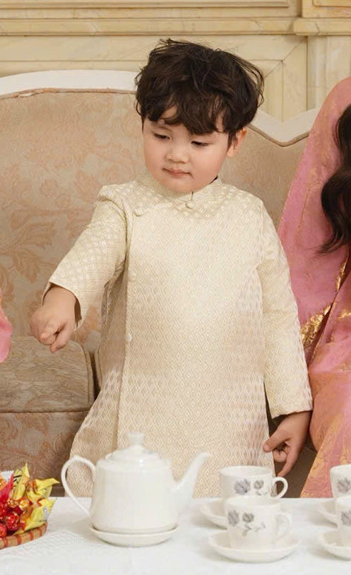 BT63 1732 Áo only - Áo dài bé trai gấm màu kem