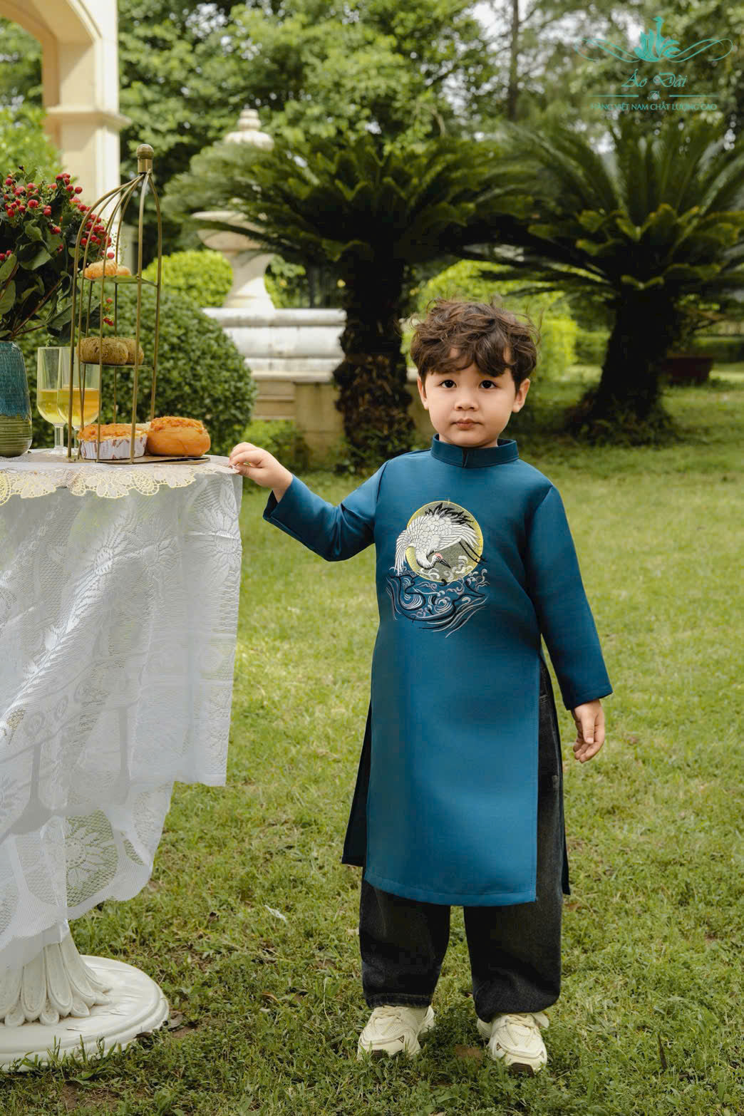 BT62 1731 Áo only - Áo dài bé trai in hạc màu xanh dương