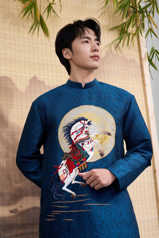 B117 1760 Áo only - Áo dài bố lụa gấm thêu ngựa màu xanh dương