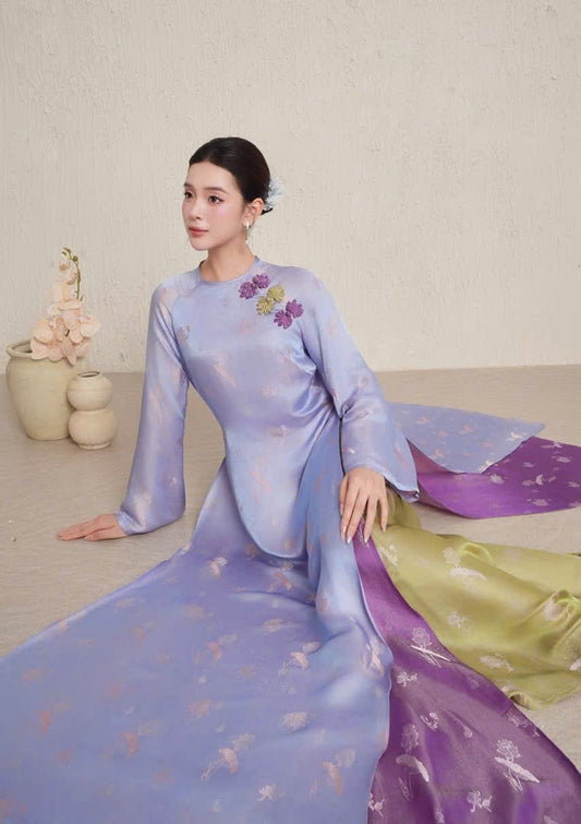 HD11 1744 Áo + quần - Áo dài lụa Hà Đông 4 tà màu tím nhạt + quần