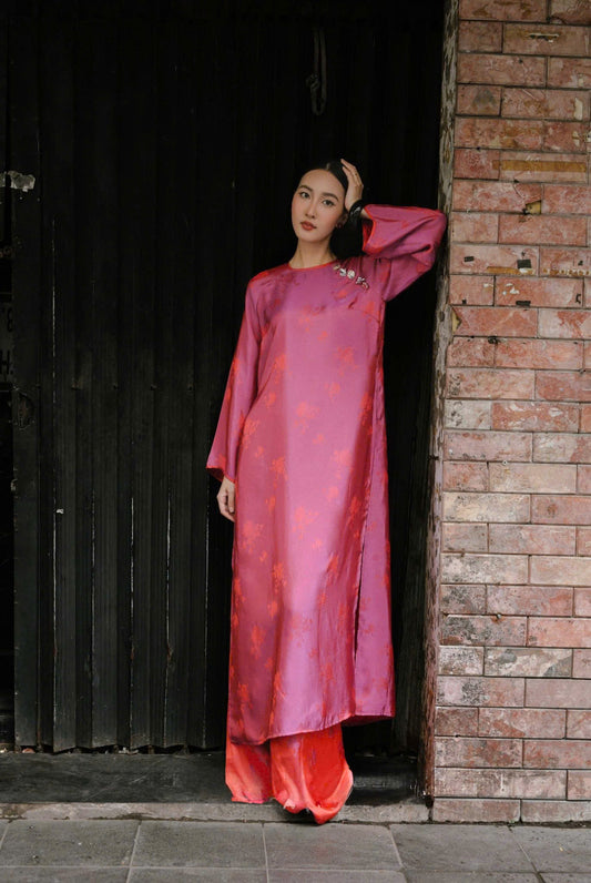 H417 1783 Áo + quần - Áo dài lụa 2 da màu hồng tím dáng suông phối quần cùng chất