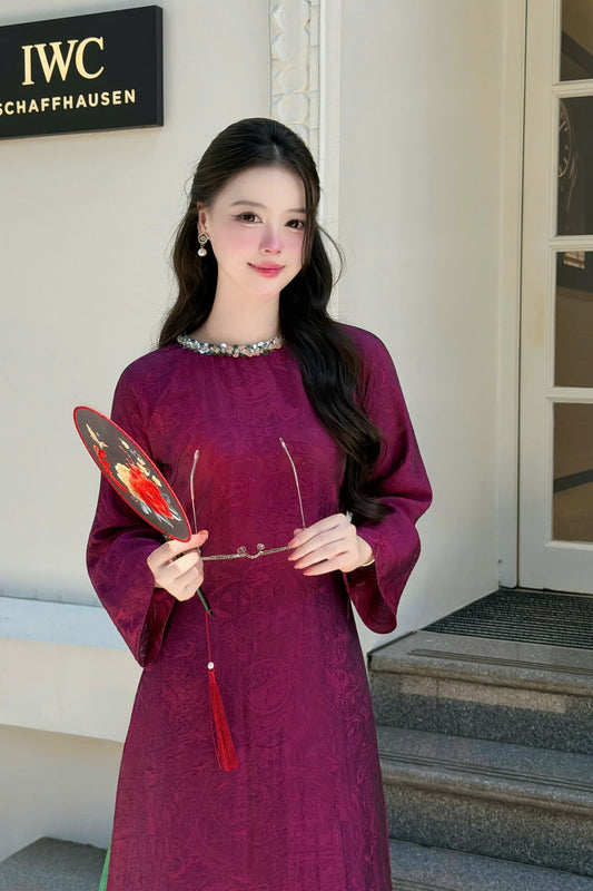 H503 1981 Áo only - Áo dài tằm tencel đính cổ màu tím cẩm