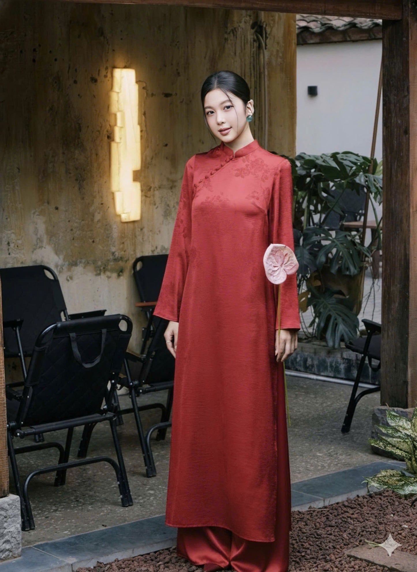 H504 1982 Áo + quần - Áo dài dáng suông gấm châu sa 2 tà màu đỏ