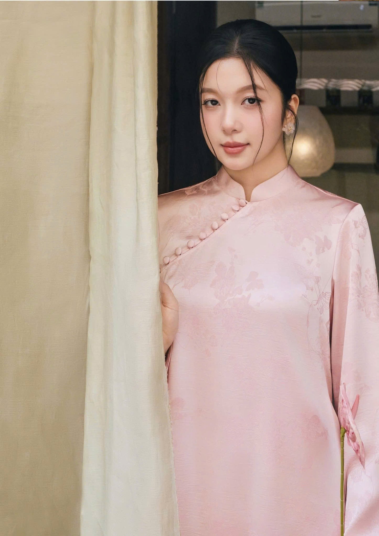 H506 2000 Áo + quần - Áo dài dáng suông gấm châu sa 2 tà màu hồng