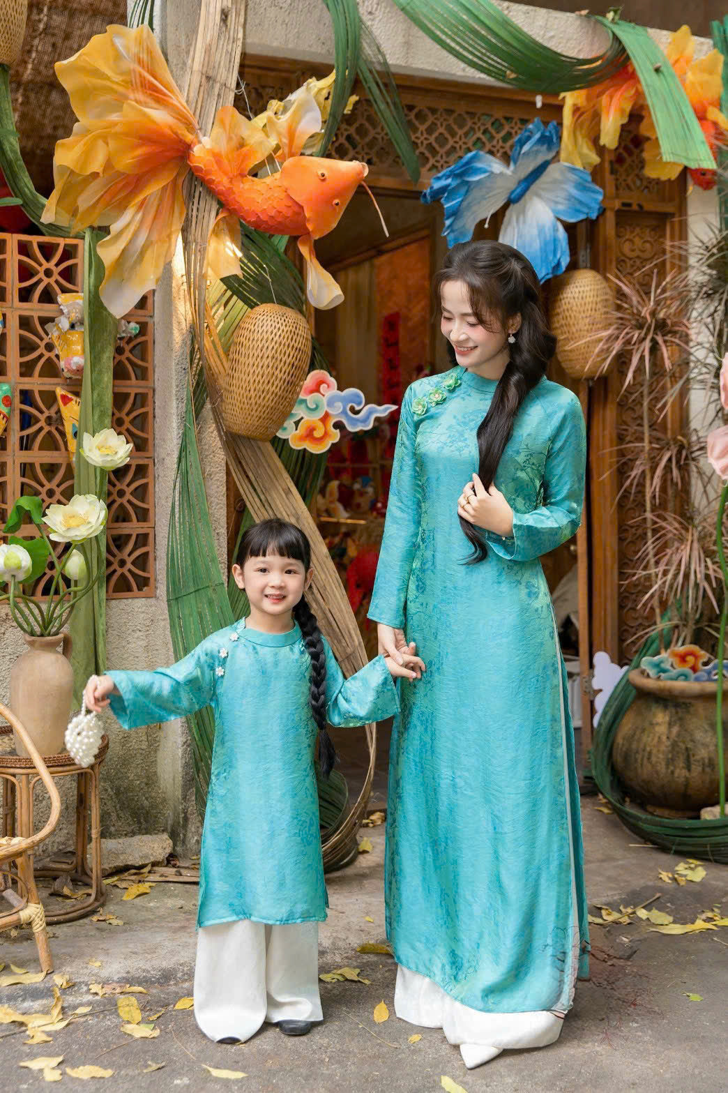 BG74 2233 Áo + quần - Áo dài bé gái màu xanh + quần nhũ bạc