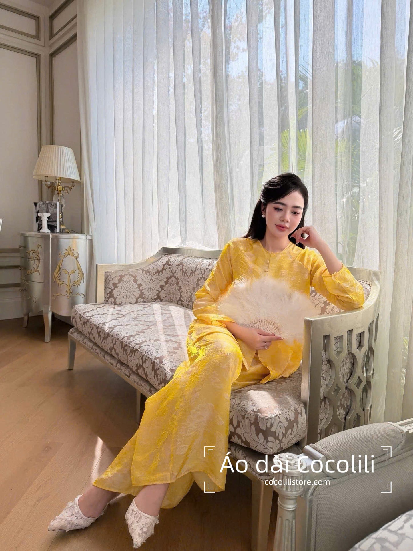 BB23 2354 Áo + quần - Bộ pháp phục lụa tencel màu vàng đính cúc
