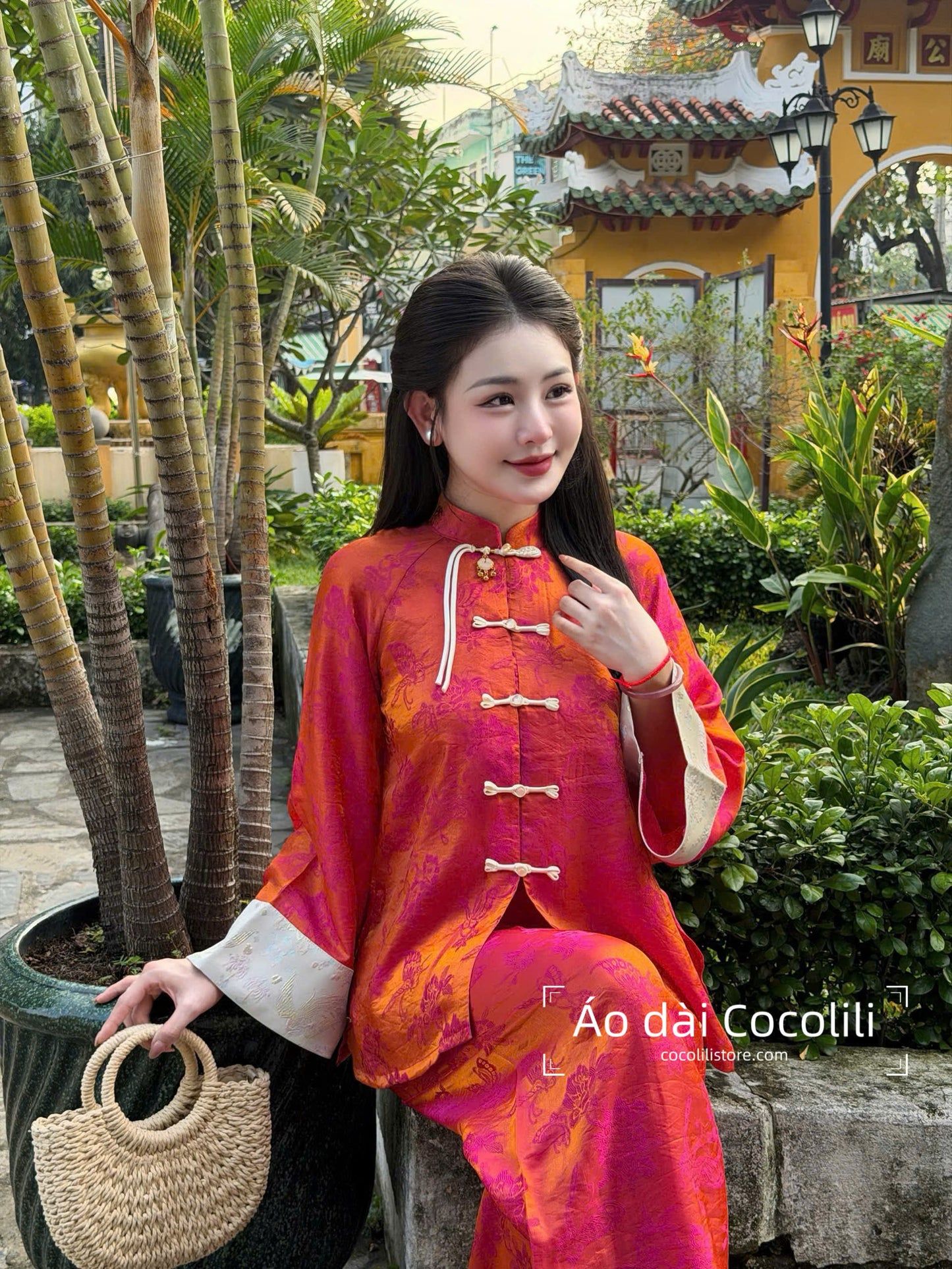 BB26 2356 Áo + quần - Bộ pháp phục lụa 2 da màu cam