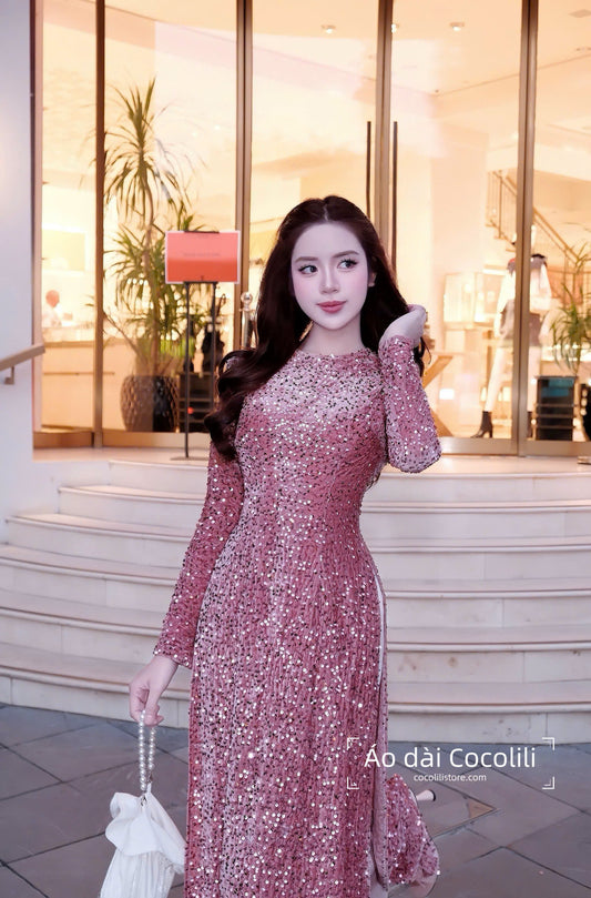 H538 2374 Áo only - Áo dài nhung kimsa màu hồng đỗ