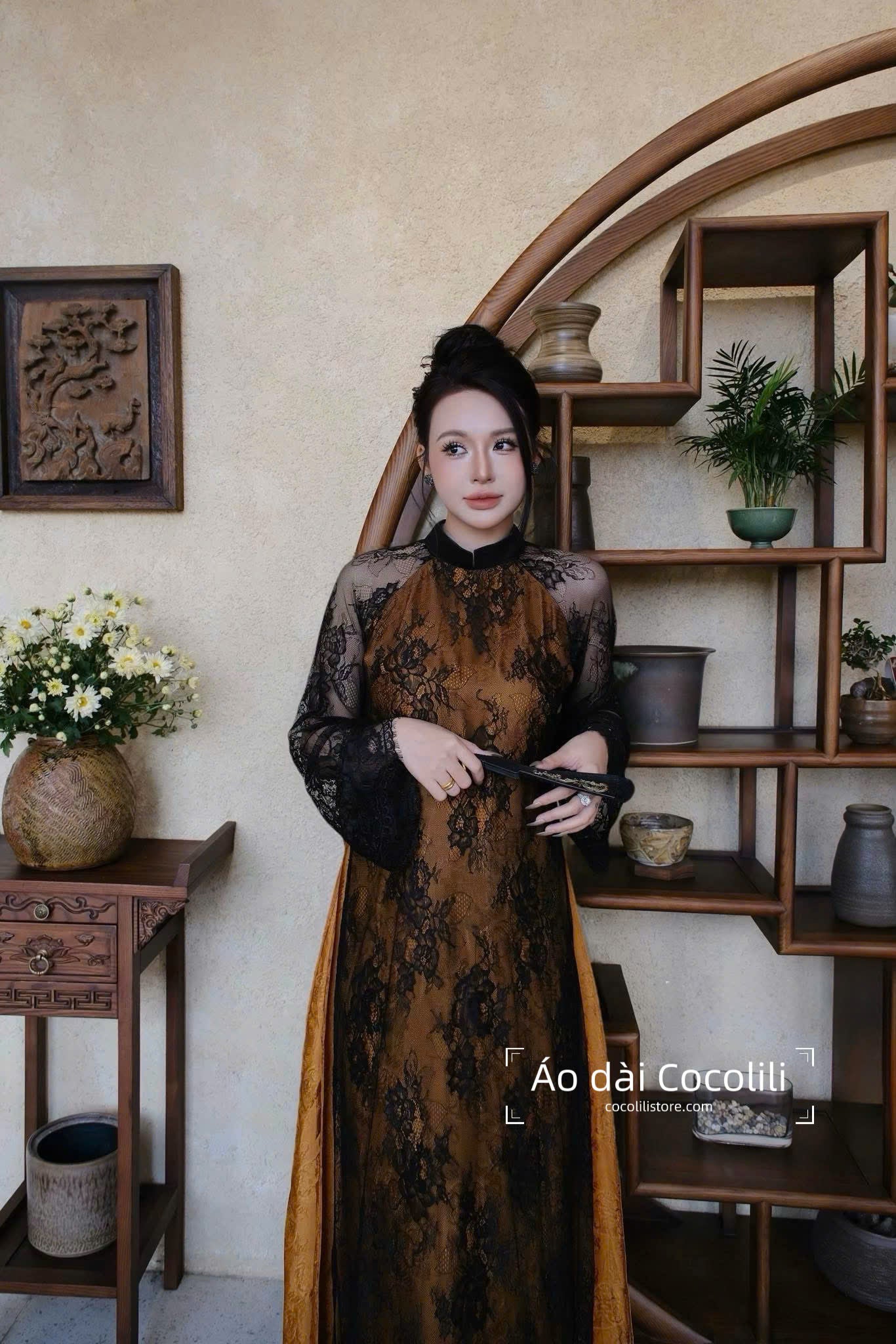 R18 2378 Áo + quần ren 3 lớp - Áo dài dáng suông ren lót thọ dơi cam