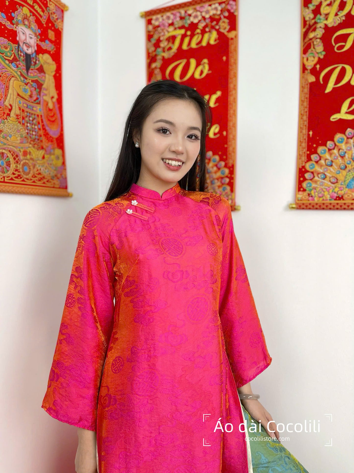 M337 2390 Áo + quần tằm - Áo dài dáng suông 4 tà lụa tencel ánh kim màu hồng sen