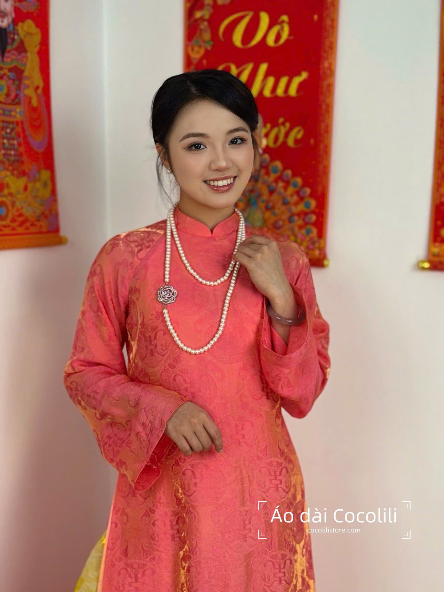 M357 2401 - Áo dài cam đậm + yếm cam + quần vàng tằm ánh kim tencel