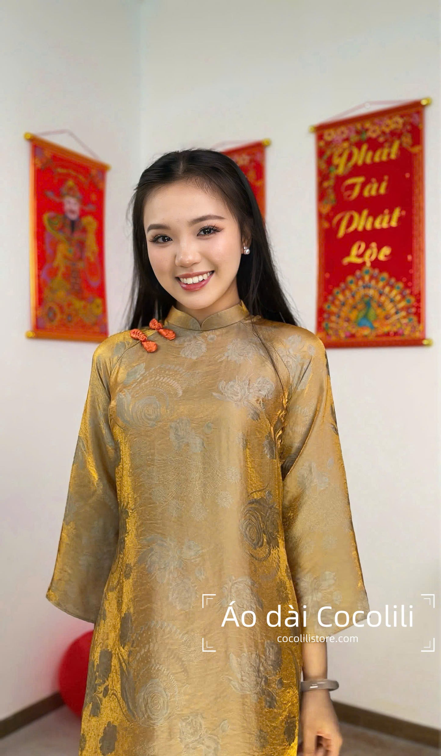 M340 Áo + quần thọ dơi cam - Áo dài dáng suông 2 tà màu vàng đồng