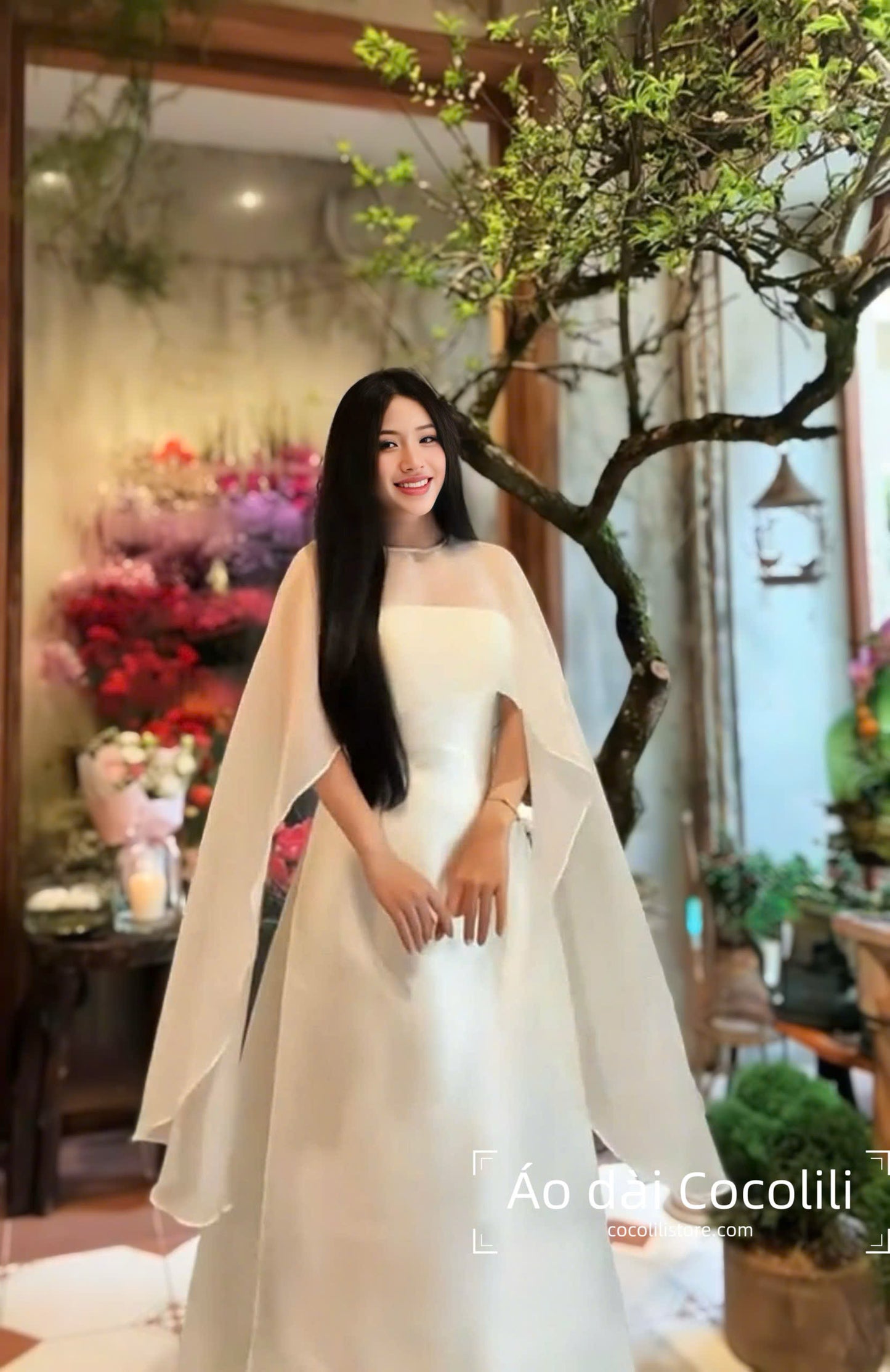 H535 only áo - Áo dài tafta quây trắng kèm choàng