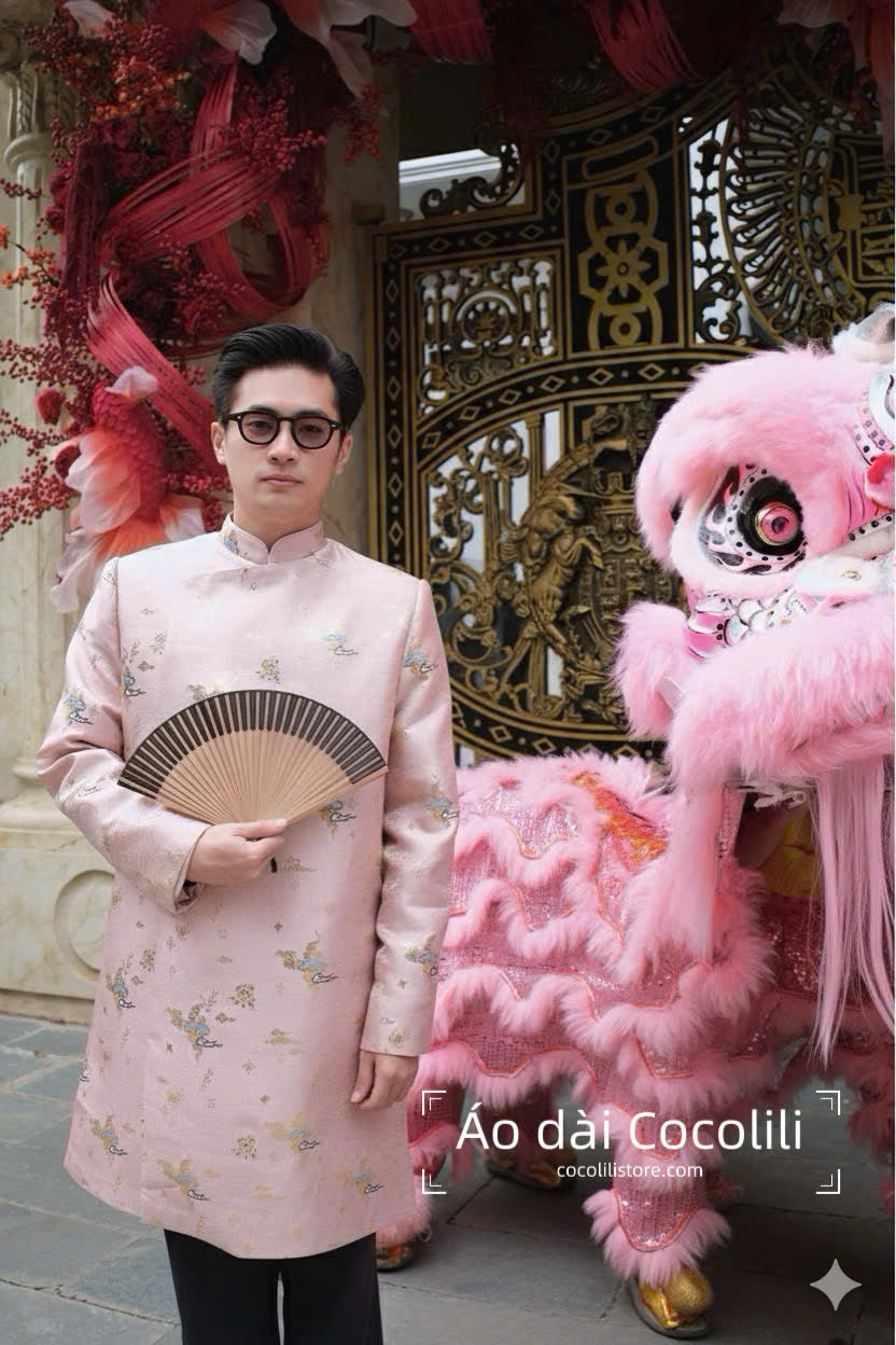 B145 Áo only - Áo dài Nam vải gấm màu hồng