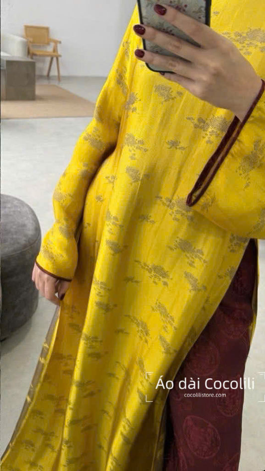 HD35 Áo vàng + quần nha xá - Áo dài dáng suông 2 tà lụa nha xá Hà Đông