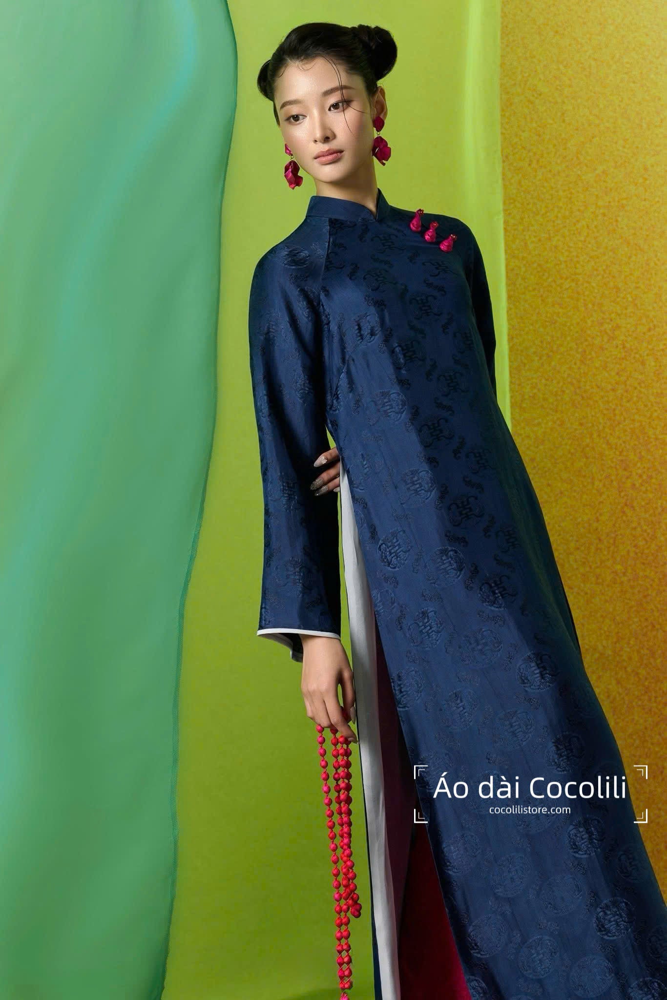 HD37 Áo xanh than + quần nha xá - Áo dài dáng suông 4 tà lụa nha xá lót tơ