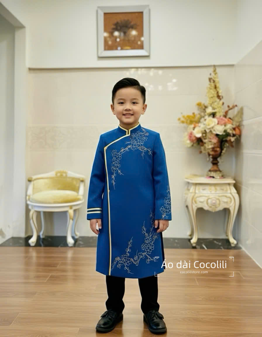 BT82 Áo only - Áo dài bé trai thêu màu xanh cổ vịt