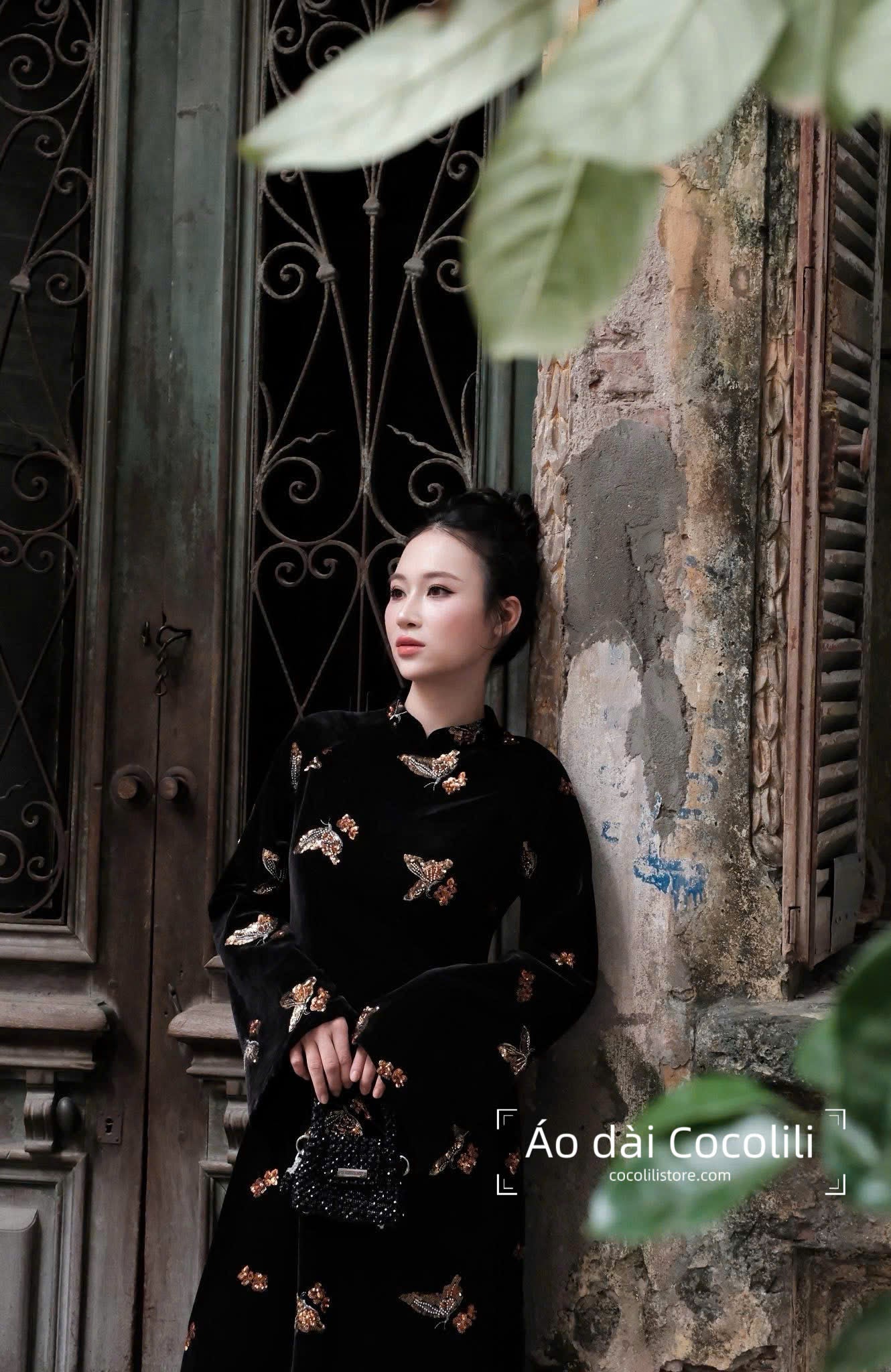 M389 Áo nhung + quần nhũ đỏ - Áo dài dáng suông nhung đen sequin bướm vàng