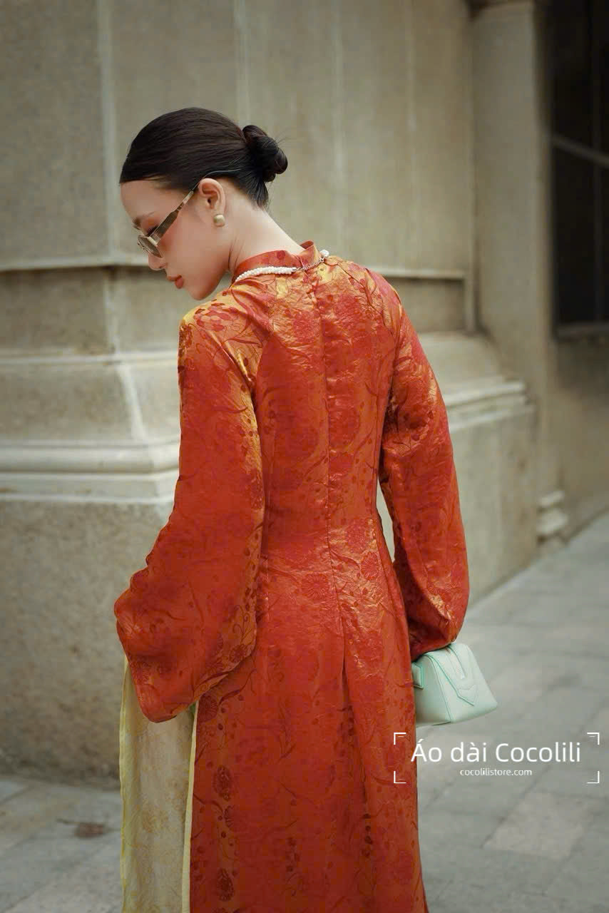 M381 Áo + quần tằm - Áo dài dáng suông 4 tà tằm ánh kim tencel màu nâu đồng