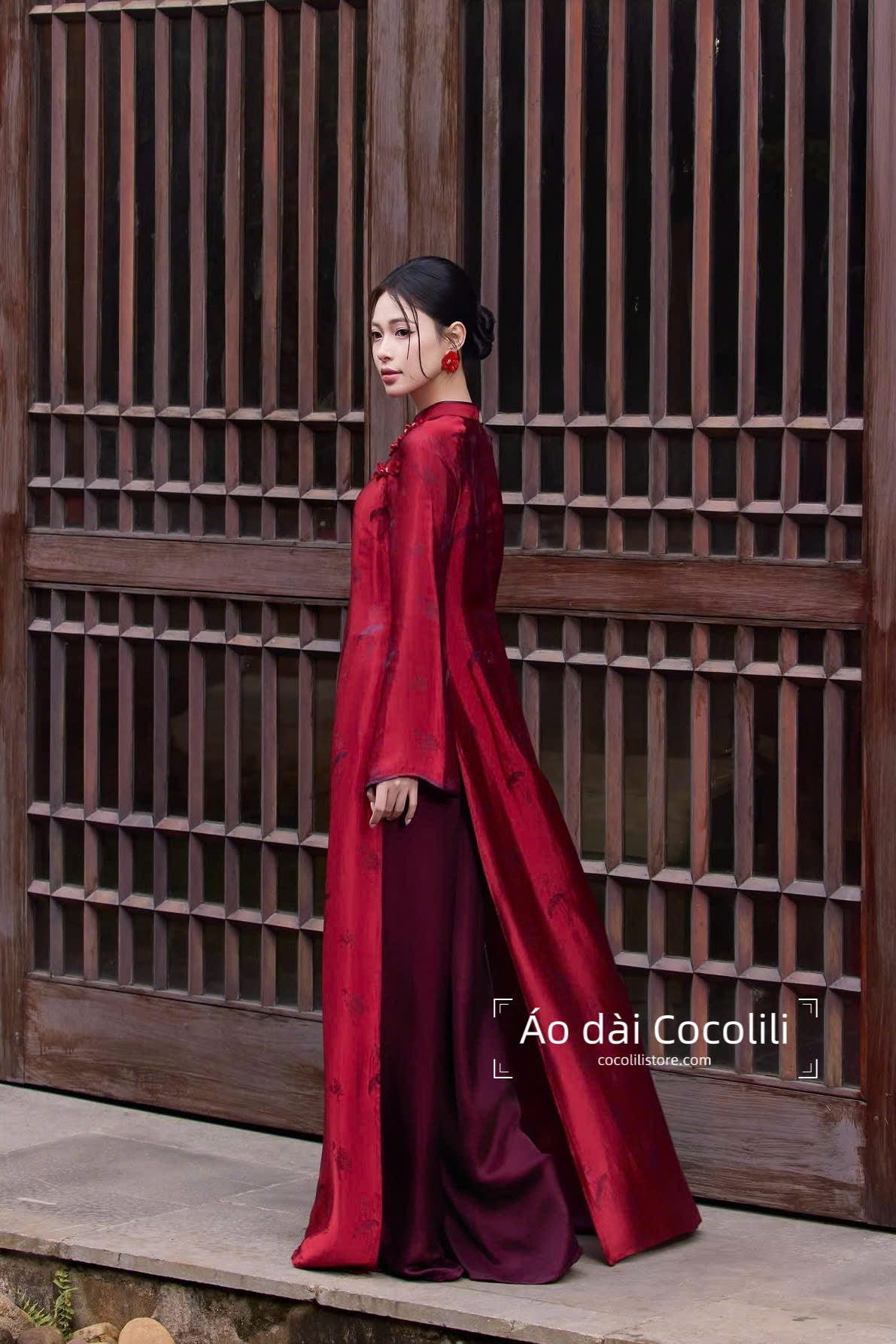 HD41 Áo + quần - Áo dài lụa tơ tằm Nha Xá đỏ