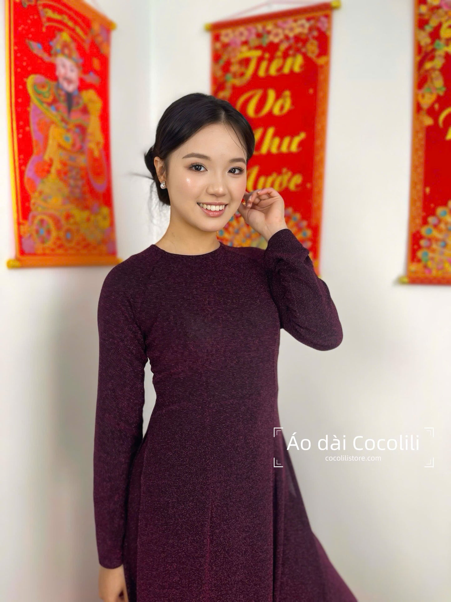 N76 Áo tím đậm + quần cùng chất - Áo dài nhung nano pha lê co giãn 4 chiều (run big, khách lấy bằng hoặc xuống size)