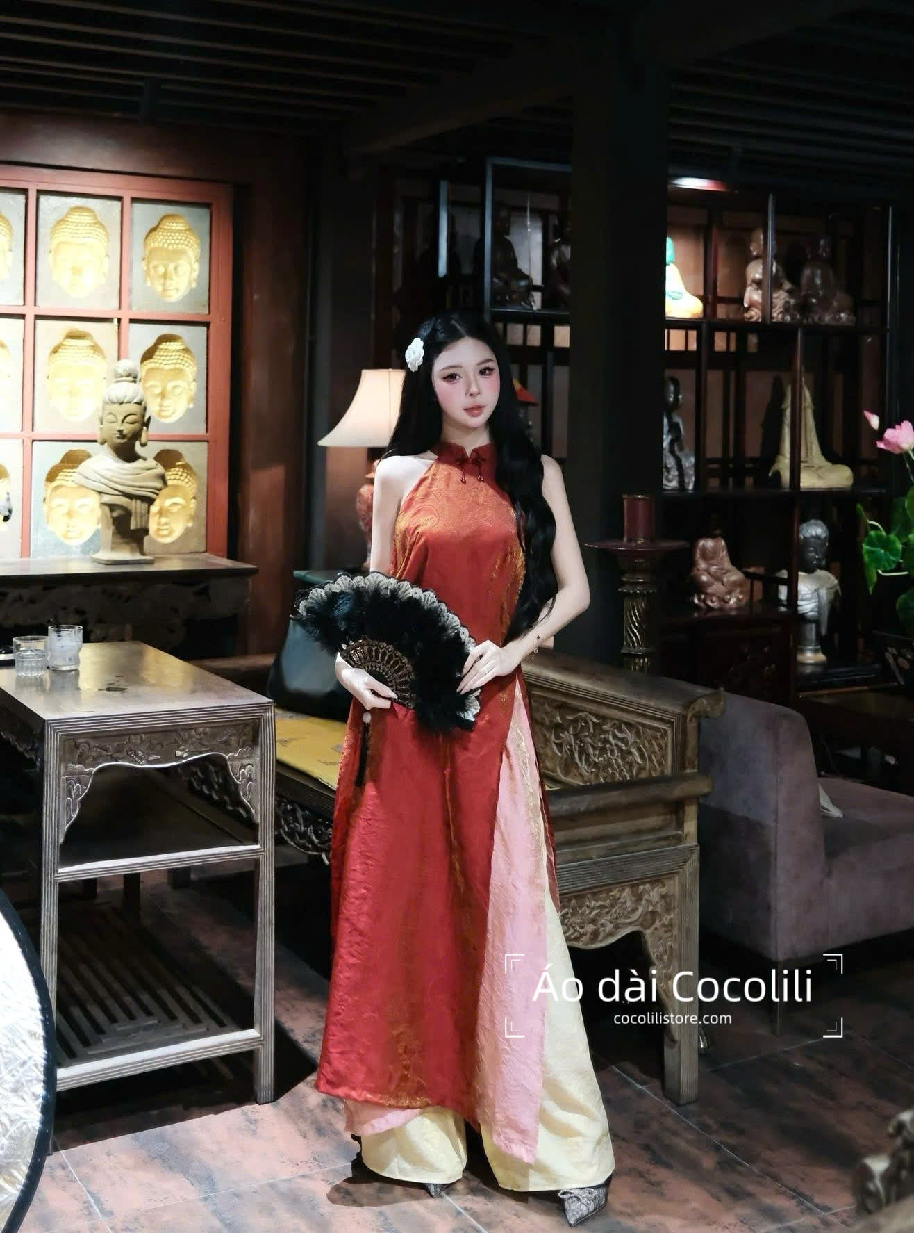 M395 Yếm cam + quần tằm - Set yếm dáng suông 4 tà tằm ánh kim tencel