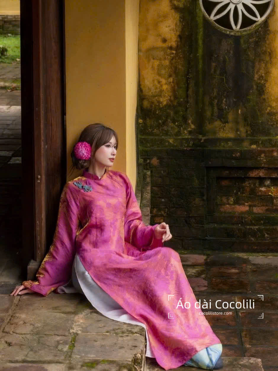 M410 Áo + quần tằm - Áo dài dáng suông 4 tà tằm ánh kim tencel yên sen