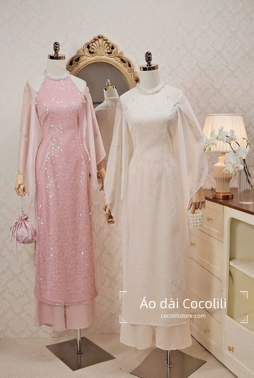 M429 Áo + quần lụa - Áo yếm kimsa 4 tà kèm choàng màu kem