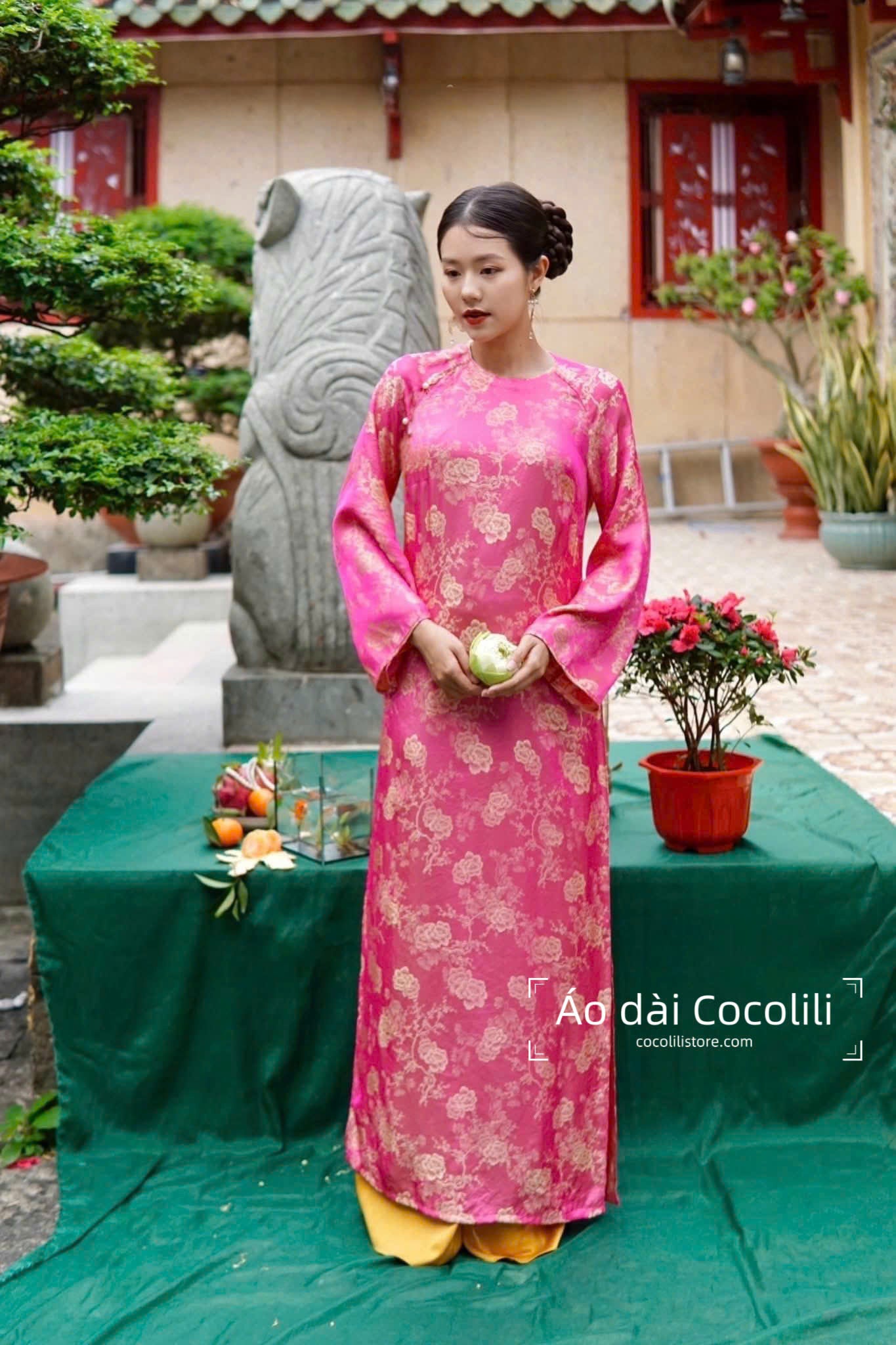 M423 Áo only no pants - Áo dài dáng suông lụa gấm 2 da màu hồng sen