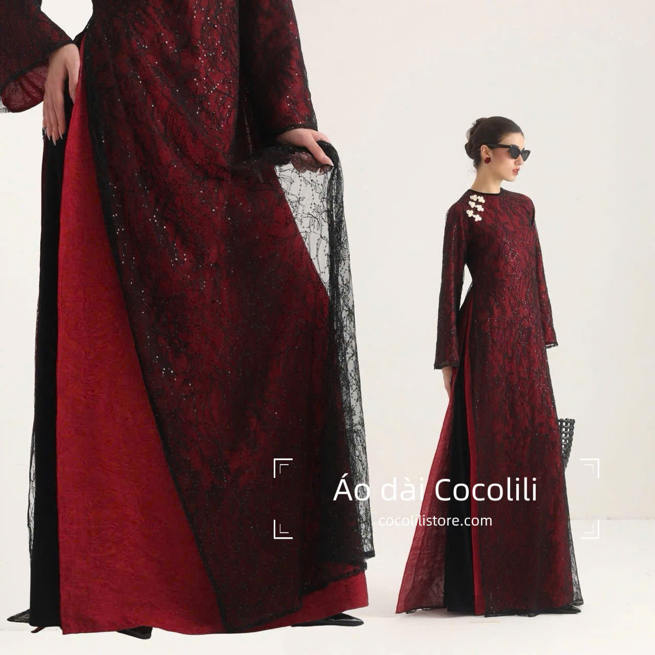 H581 Áo only no pants - Áo dài dáng suông 4 tà ren lót tằm ánh kim đỏ