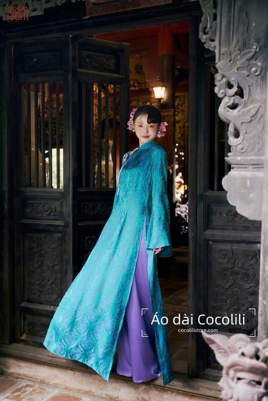 H611 Áo + quần ngọc trai tím- Áo dài lụa thọ dơi màu xanh đính cúc nơ dáng truyền thống