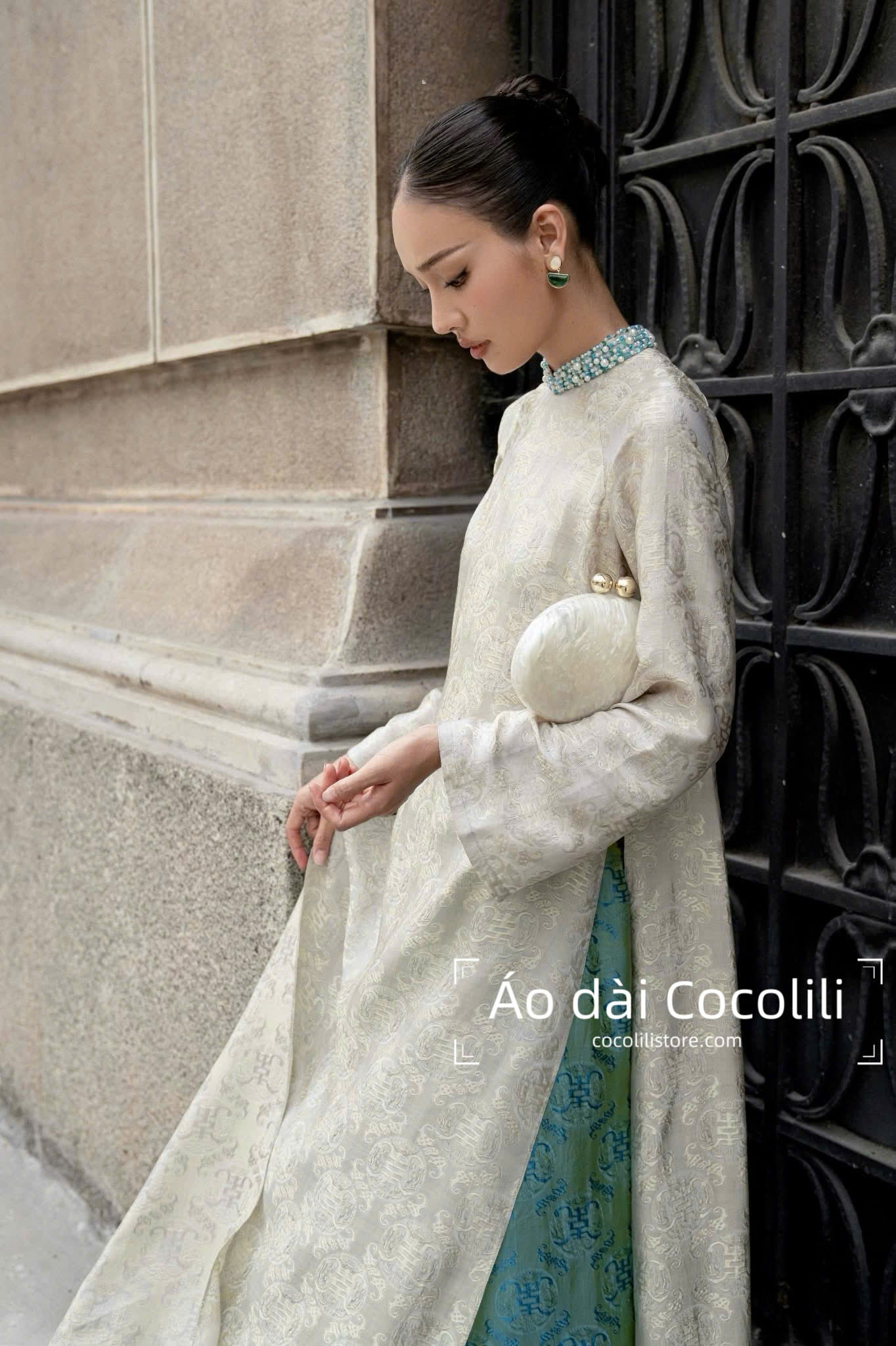 HD60 Áo + quần - Áo dài lụa nha xá thọ dơi 2 tà dáng suông đính kết cổ