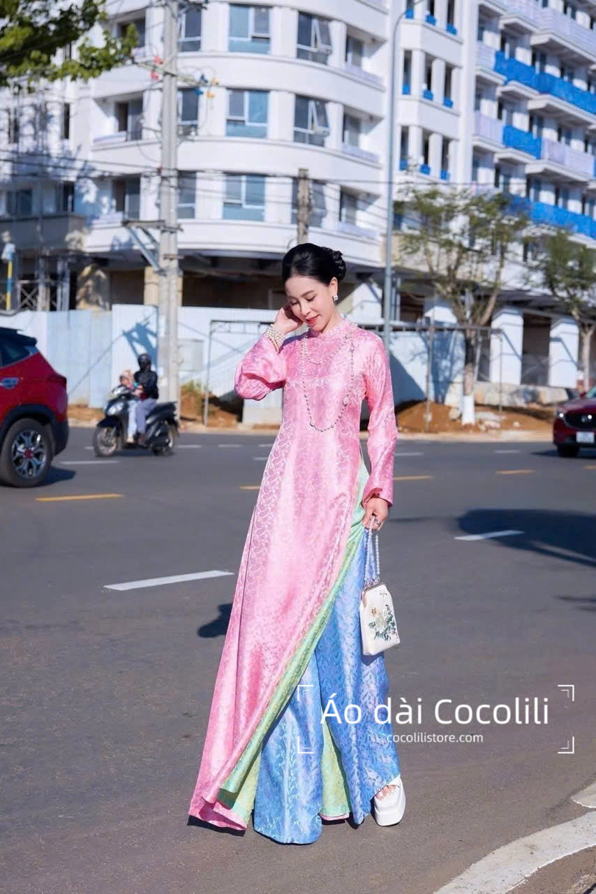 HD65 3490 Áo + quần nha xá - Áo dài lụa nha xá dáng suông 4 tà đính kết full cổ