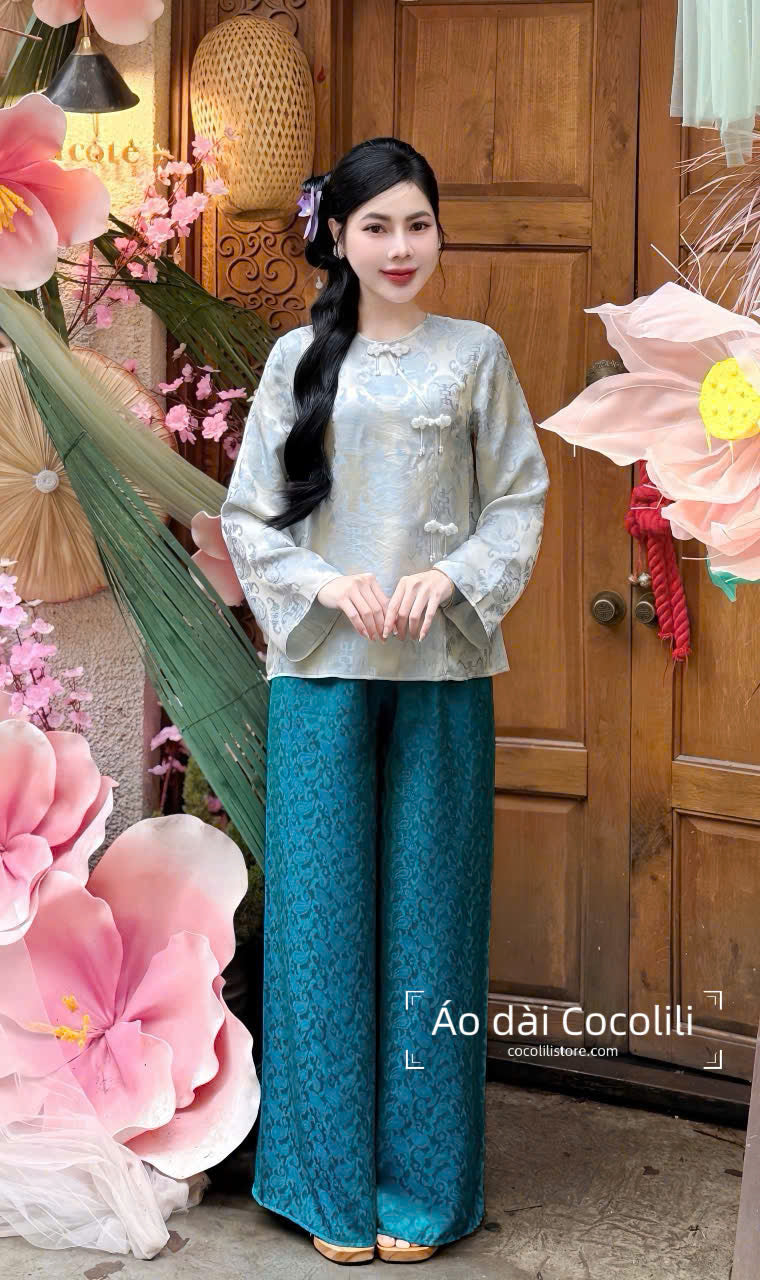 BB57 3200 - Set bà ba lụa thọ dơi đính khuy đá