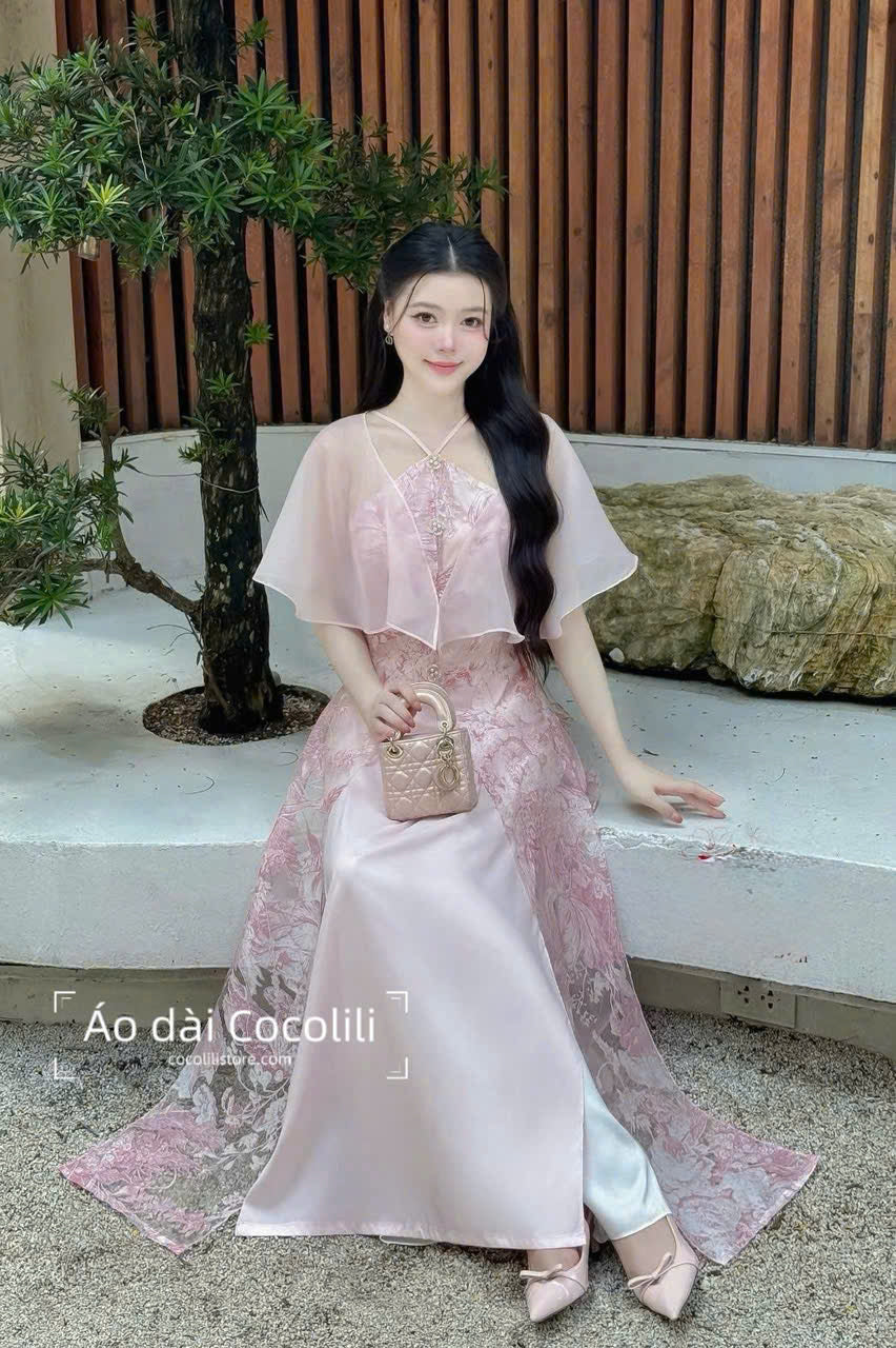 H616 Áo only no pants - Áo dài cách tân kèm choàng màu hồng phấn