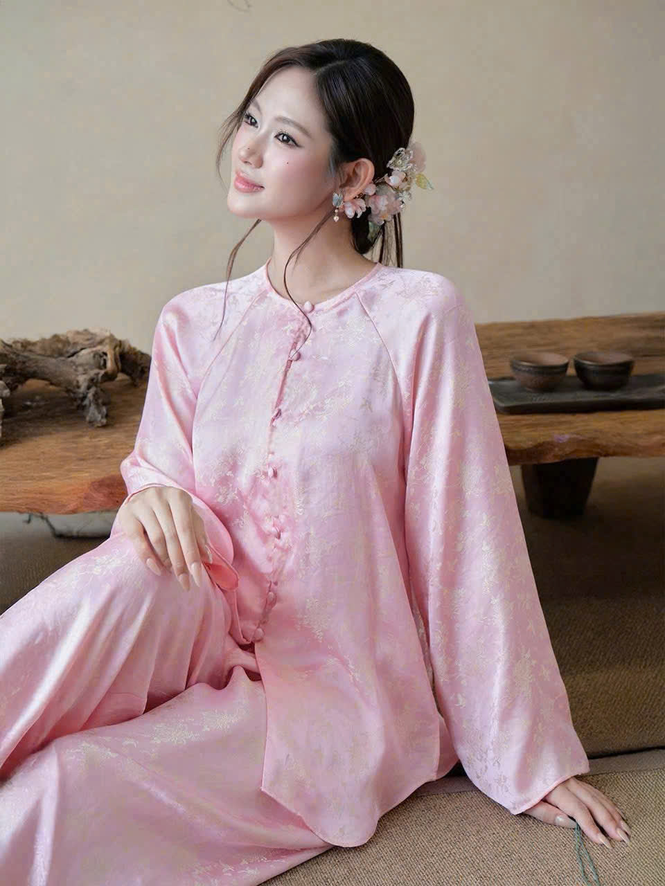 BB68 - Set bà ba lụa tằm màu hồng phấn