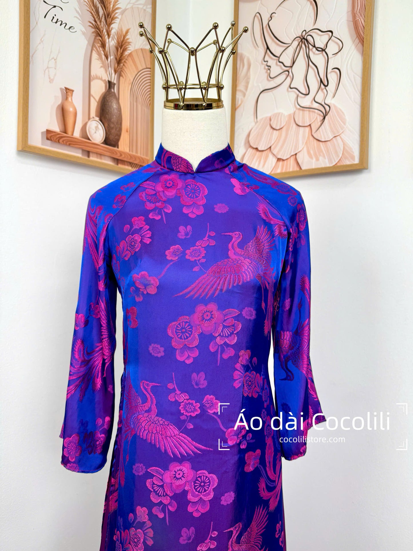 M421 Áo only - Áo dài dáng suông lụa tằm long phượng chuyển sắc dài 130cm