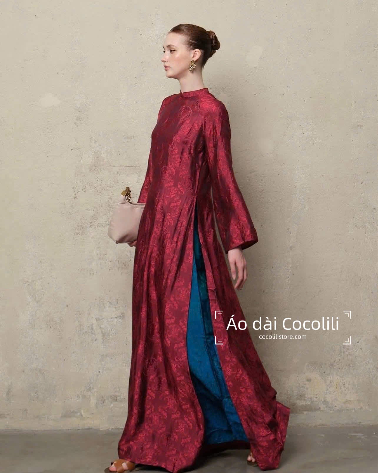 HD72 Áo + quần nha xá - Áo dài dáng suông 2 tà lụa nha xá màu đỏ đậm