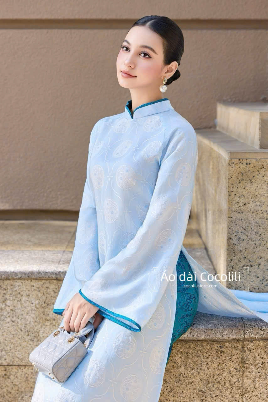 HD71 Áo + quần nha xá - Áo dài dáng suông 2 tà lụa nha xá hoa thuỷ tiên màu xanh da trời