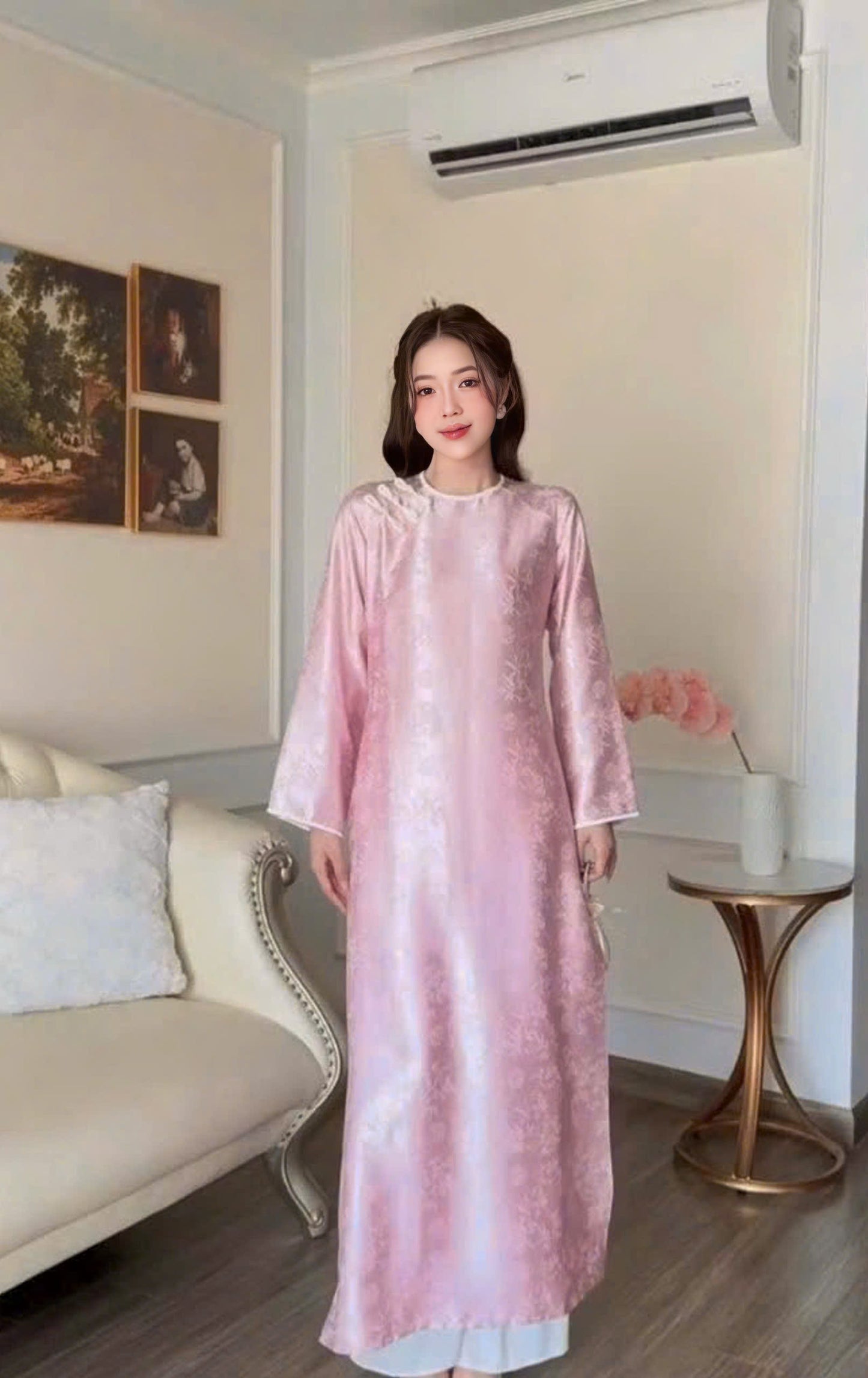 H609 3313 Áo only no pants - Áo dài dáng suông lụa gấm trúc hỷ màu hồng