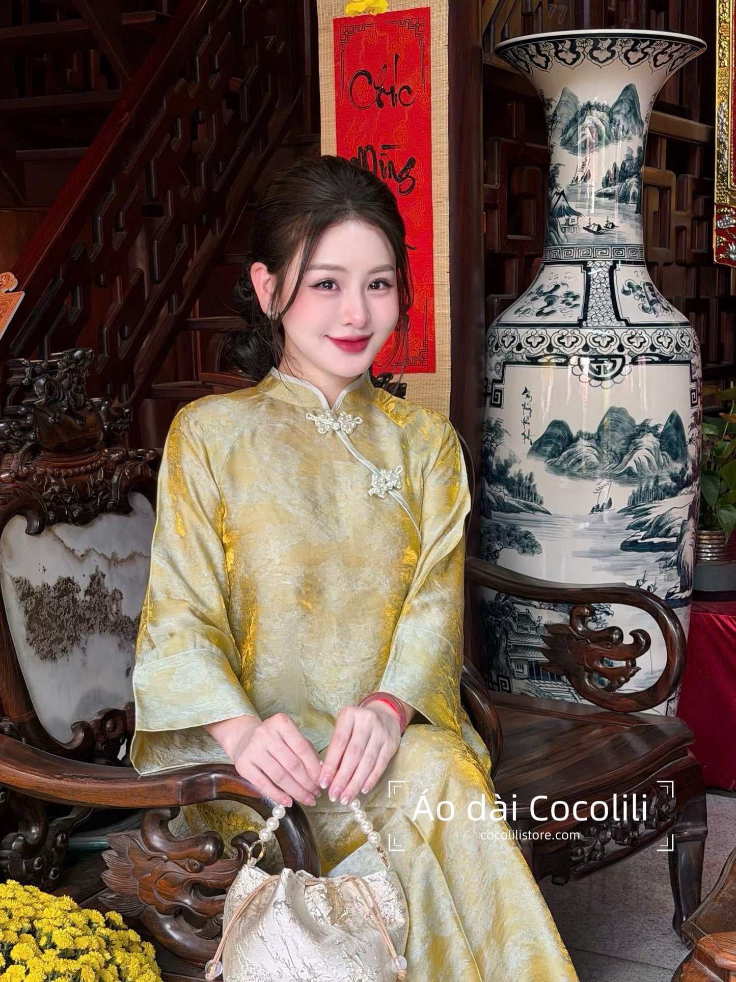 BB77 3319 - Set bà ba tằm tencel ánh kim màu xanh
