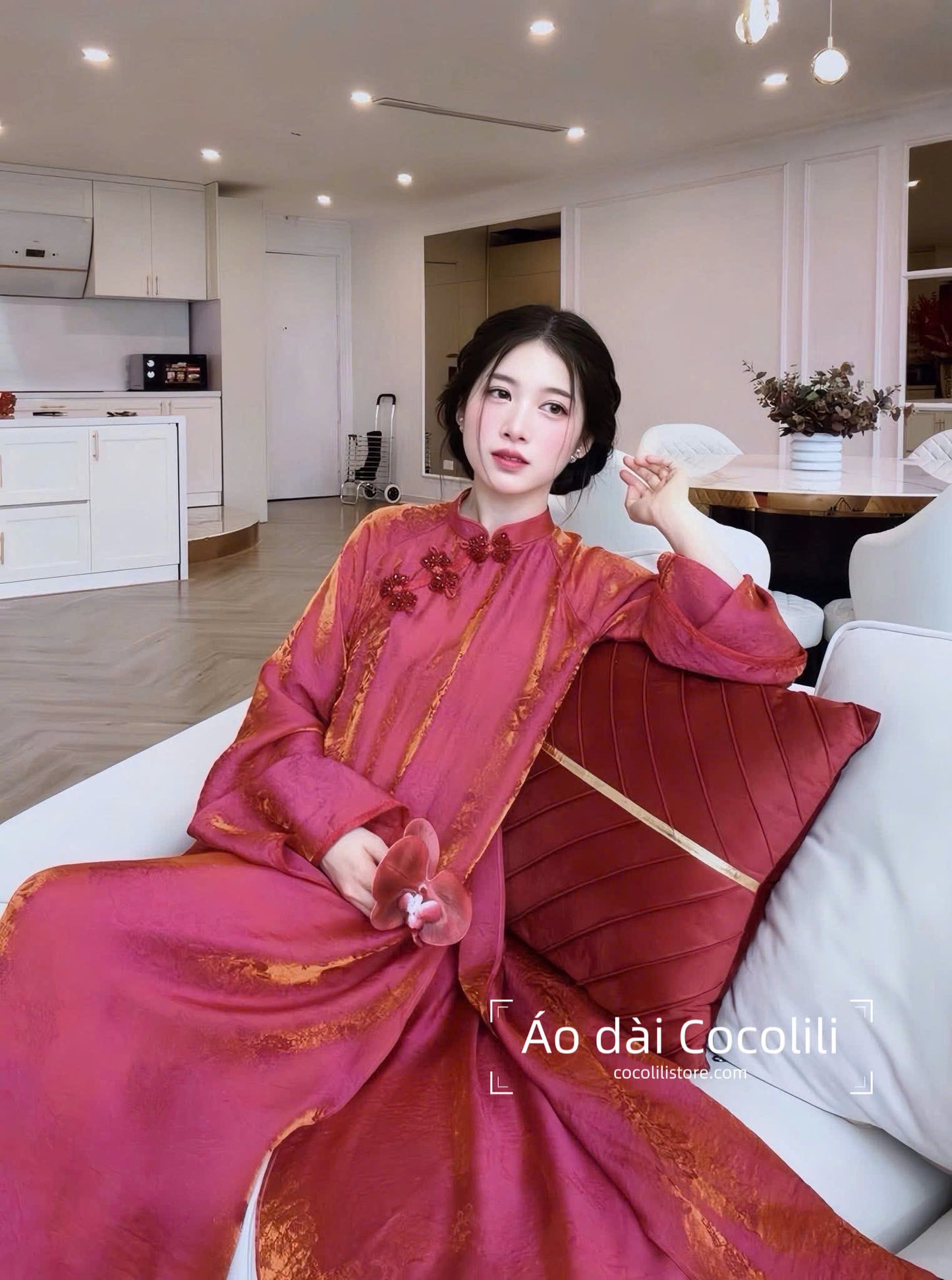 H626 Áo only no pants - Áo dài dáng suông 2 tà tằm tencel ánh kim màu hồng sen