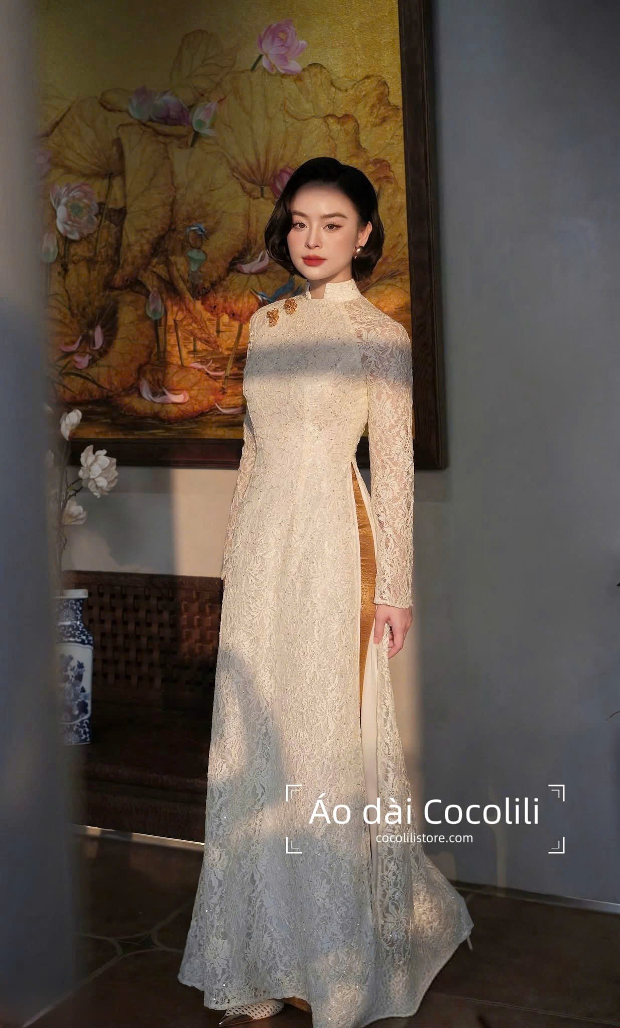 R21 Áo + quần nhũ - Áo dài ren trắng cao cấp