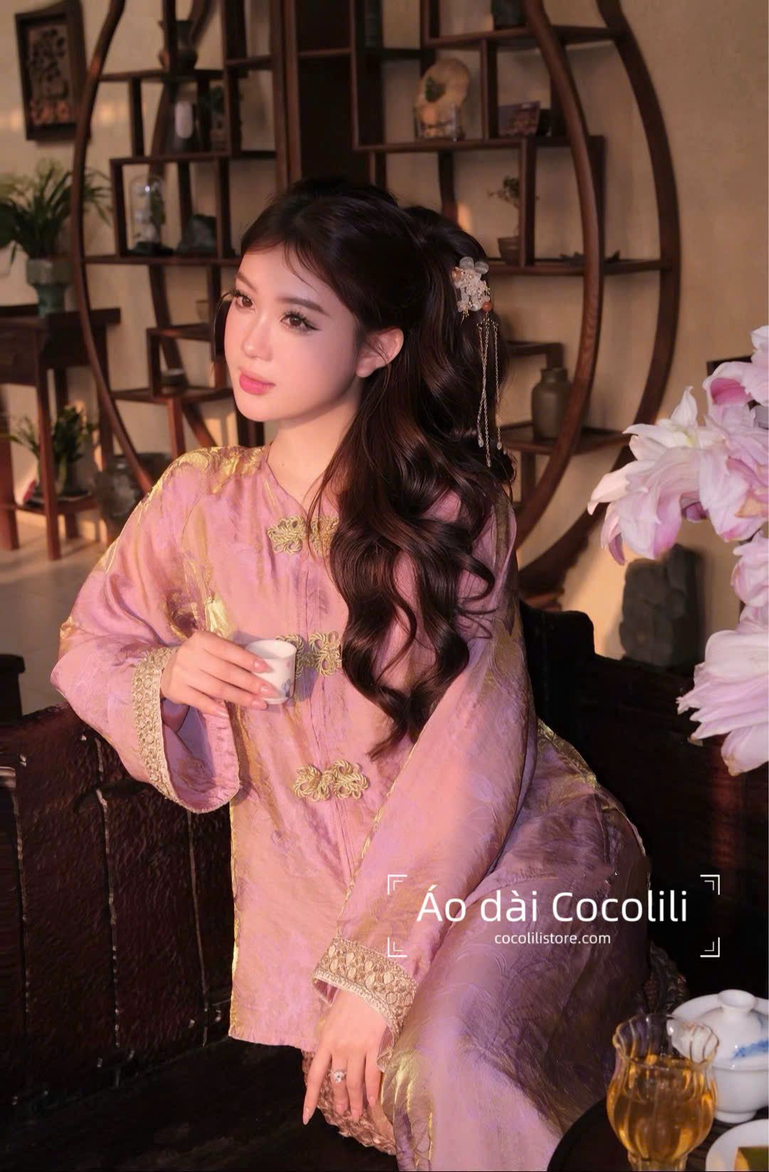 BB90 3335 - Set bà ba tằm tencel màu hồng phối tay